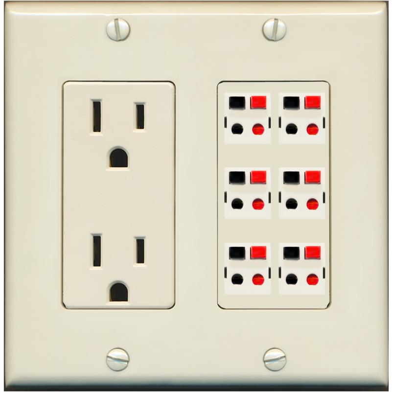 RiteAV 6 Port Speaker Wire Plug Jack Wall Plate - Outlet [Light-Almond]