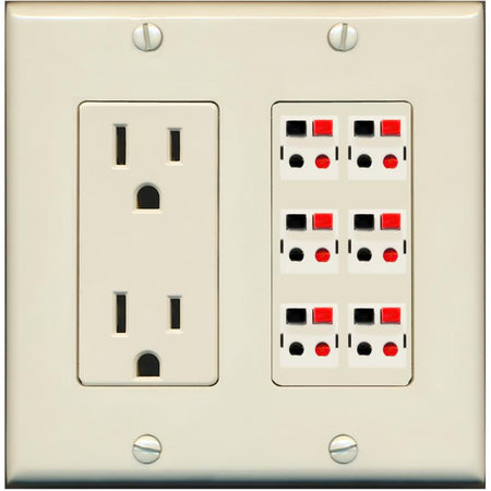 RiteAV 6 Port Speaker Wire Plug Jack Wall Plate - Outlet [Light-Almond]