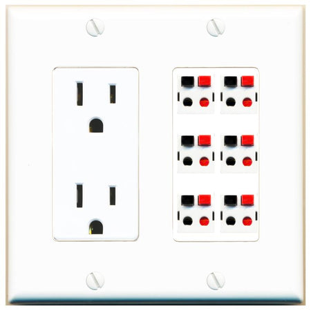 RiteAV 6 Port Speaker Wire Plug Jack Wall Plate - Outlet [White]