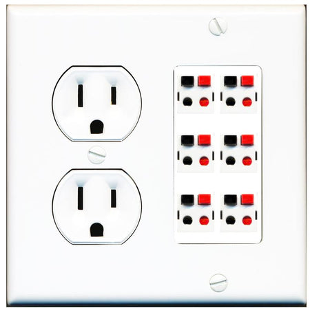 RiteAV 6 Port Speaker Wire Plug Jack Wall Plate - Round Outlet [White]