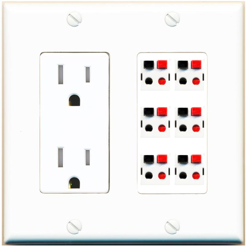 RiteAV 6 Port Speaker Wire Plug Jack Wall Plate - Tamper-Res [White]