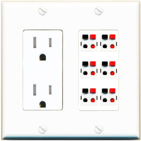 RiteAV 6 Port Speaker Wire Plug Jack Wall Plate - Tamper-Res [White]
