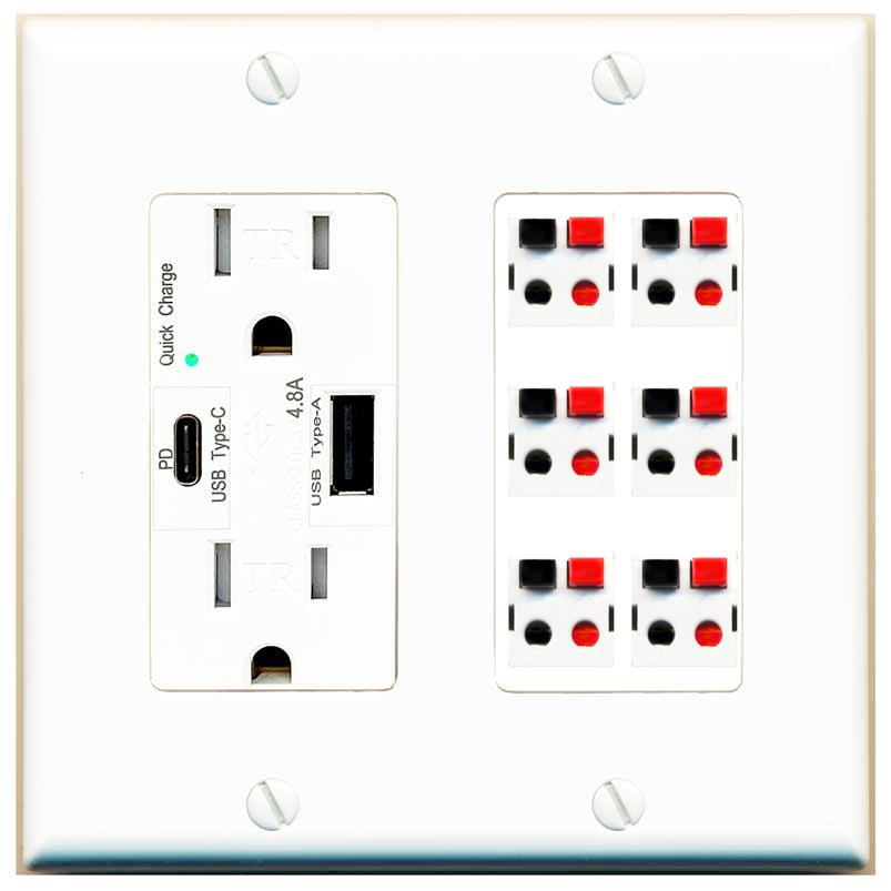 RiteAV 6 Port Speaker Wire Plug Jack Wall Plate - USB AC Charger [White]
