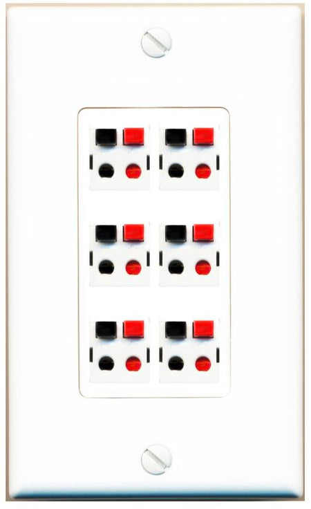 RiteAV 6 Port Speaker Wire Plug Jack Wall Plate - 1 Gang [White]