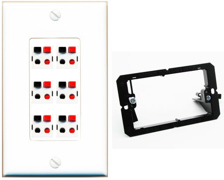 RiteAV 6 Port Speaker Wire Plug Jack Wall Plate - Bracket [White]