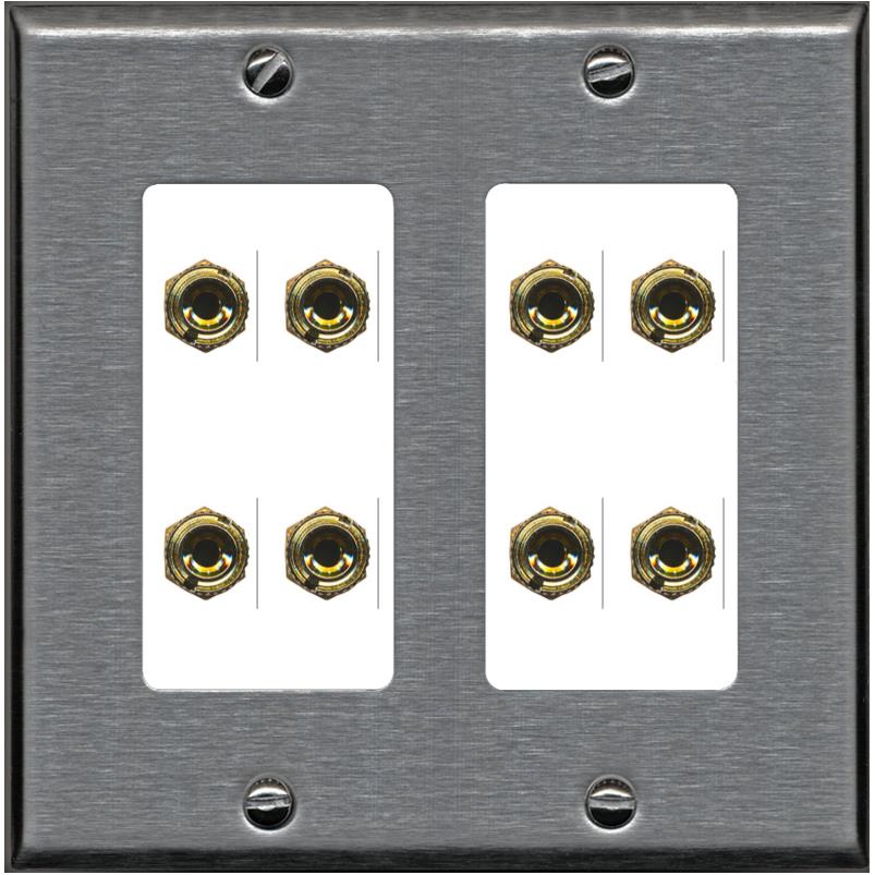 RiteAV 8 Banana 4 Speaker Surround 2 Gang Coupler Decorative Wall Plate - 2 Gang [Stainless/White]