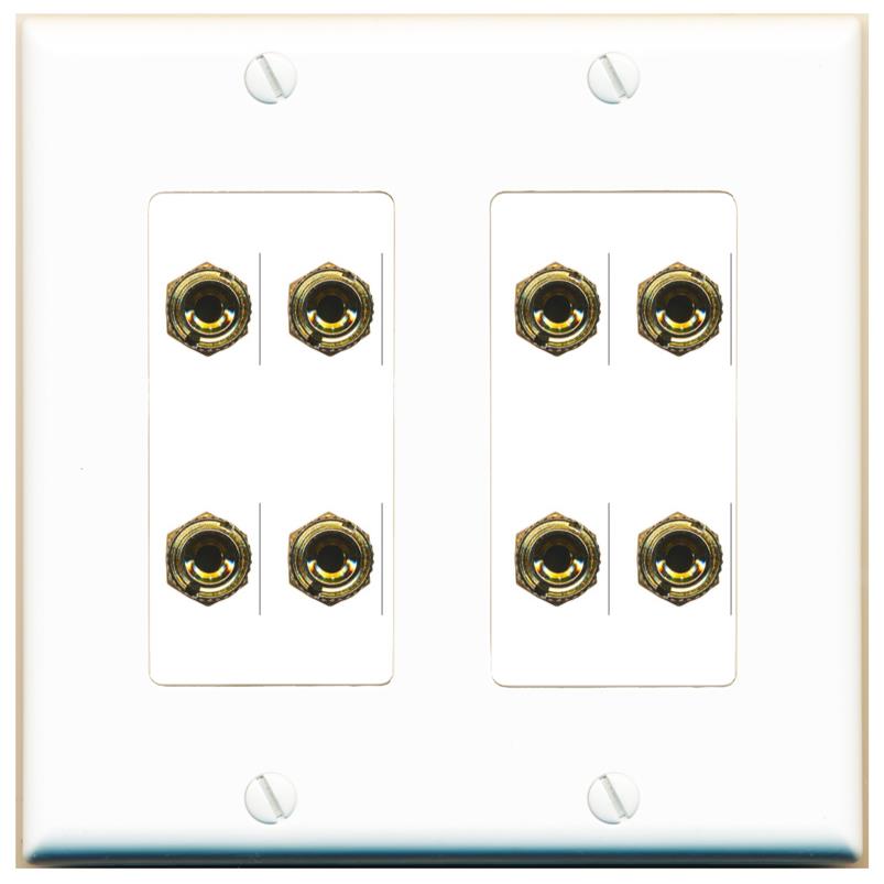 RiteAV 8 Banana 4 Speaker Surround 2 Gang Coupler Decorative Wall Plate - 2 Gang [White]