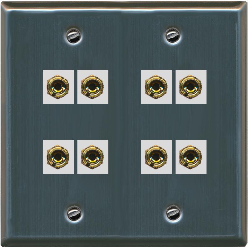 RiteAV 8 Banana 4 Speaker Surround 2 Gang Coupler Wall Plate 2 Gang Stainless