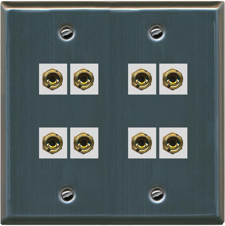 RiteAV 8 Banana 4 Speaker Surround 2 Gang Coupler Wall Plate 2 Gang Stainless