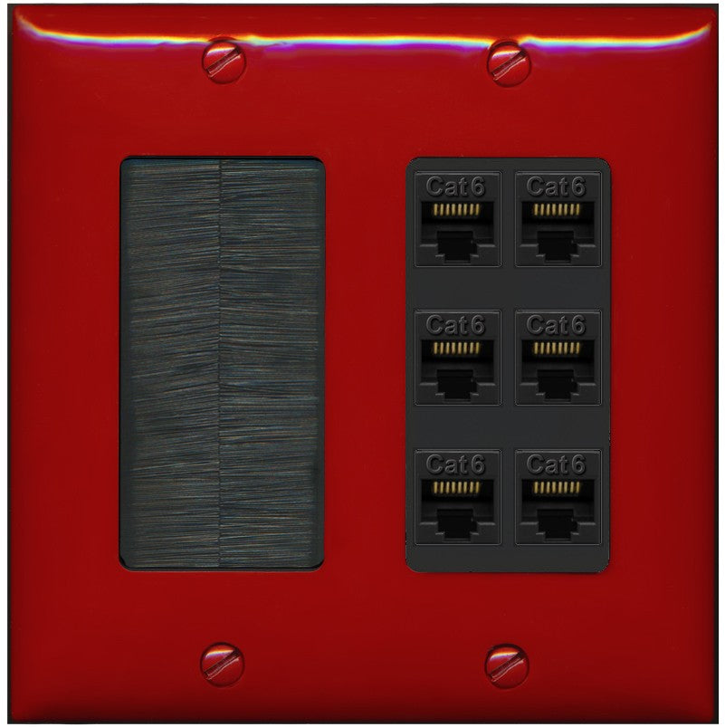 RiteAV Brush and 6 Port CAT6 Wall Plate - Brush [Red/Black]