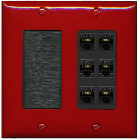 RiteAV Brush and 6 Port CAT6 Wall Plate - Brush [Red/Black]