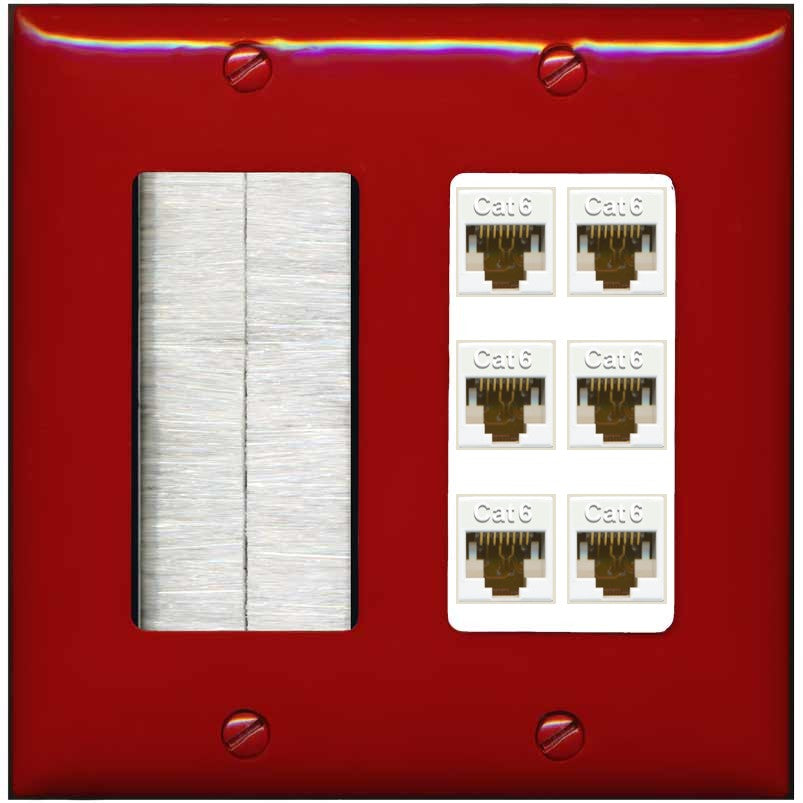 RiteAV Brush and 6 Port CAT6 Wall Plate - Brush [Red/White]