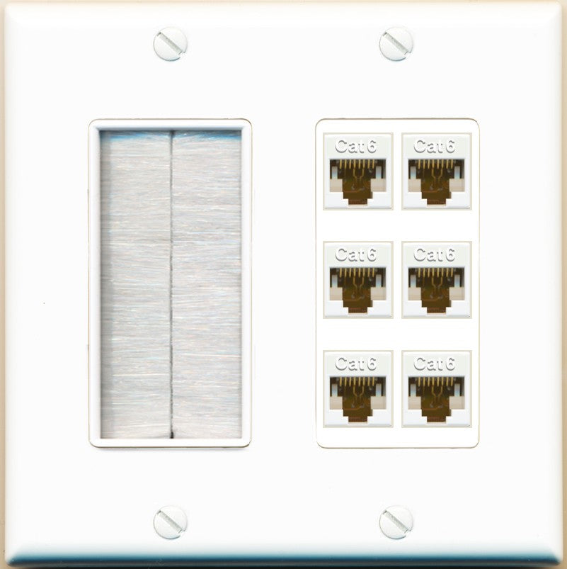 RiteAV Brush and 6 Port CAT6 Wall Plate - Brush [White]