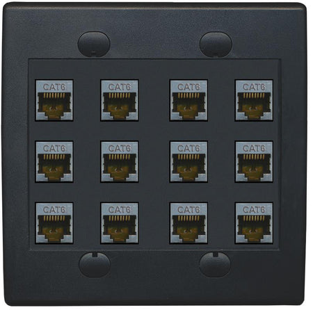 RiteAV - Cat6 Shielded Wall Plate 12 Port - Flat 2 Gang [Black/Black]