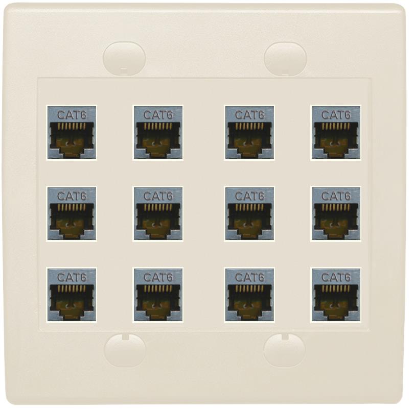 RiteAV - Cat6 Shielded Wall Plate 12 Port - Flat 2 Gang [Light Almond]