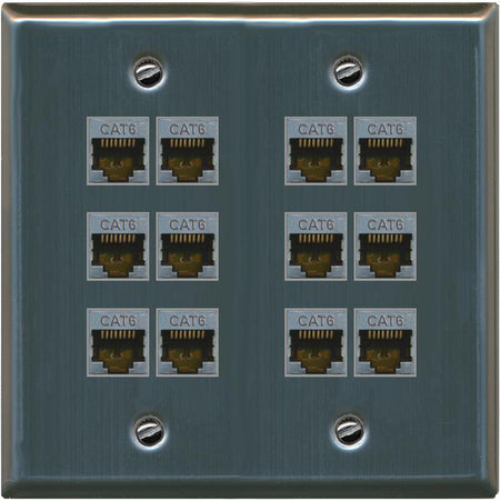 RiteAV - Cat6 Shielded Wall Plate 12 Port - Flat 2 Gang [Stainless Steel]
