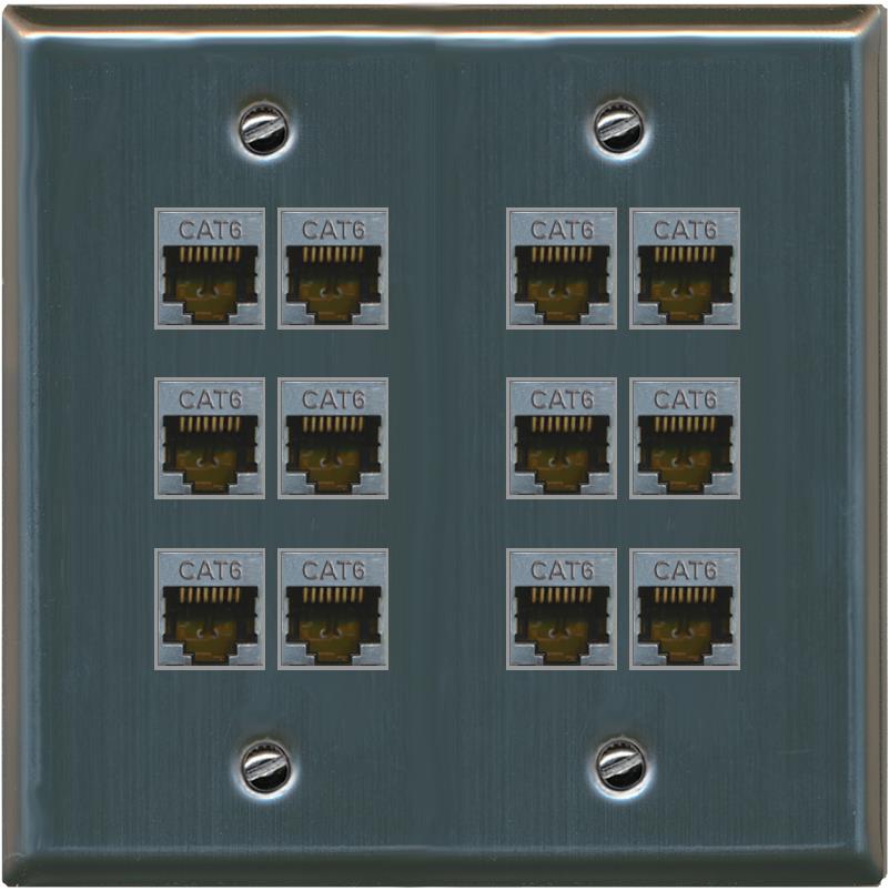 RiteAV - Cat6 Shielded Wall Plate 12 Port - Flat 2 Gang [Stainless Steel]