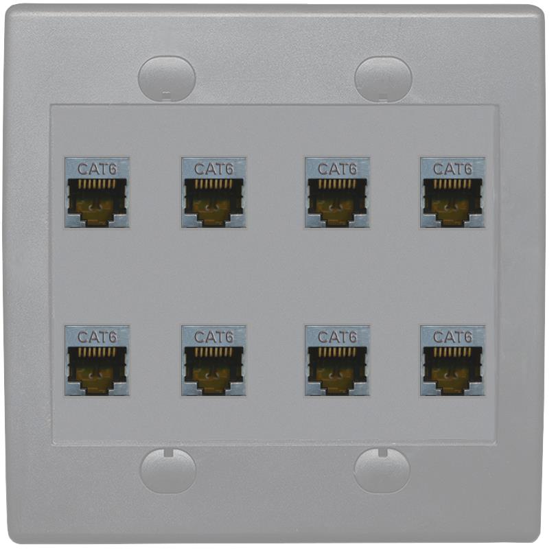 RiteAV - Cat6 Shielded Wall Plate 8 Port - Flat 2 Gang [Gray/Gray]