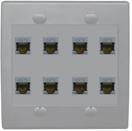 RiteAV - Cat6 Shielded Wall Plate 8 Port - Flat 2 Gang [Gray/Gray]