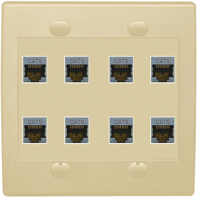 RiteAV - Cat6 Shielded Wall Plate 8 Port - Flat 2 Gang [Ivory/Ivory]