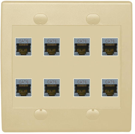 RiteAV - Cat6 Shielded Wall Plate 8 Port - Flat 2 Gang [Ivory/Ivory]