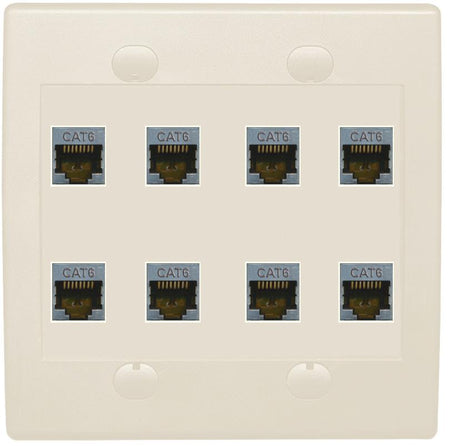 RiteAV - Cat6 Shielded Wall Plate 8 Port - Flat 2 Gang [Light Almond]