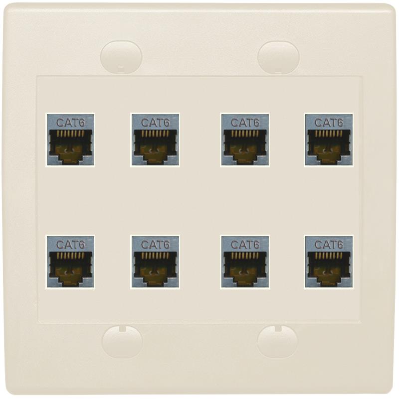 RiteAV - Cat6 Shielded Wall Plate 8 Port - Flat 2 Gang [Light Almond]