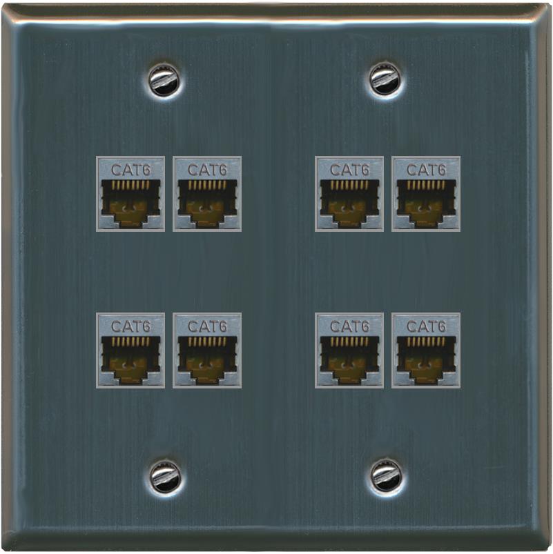 RiteAV - Cat6 Shielded Wall Plate 8 Port - Flat 2 Gang [Stainless Steel]