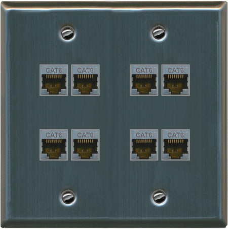RiteAV - Cat6 Shielded Wall Plate 8 Port - Flat 2 Gang [Stainless Steel]