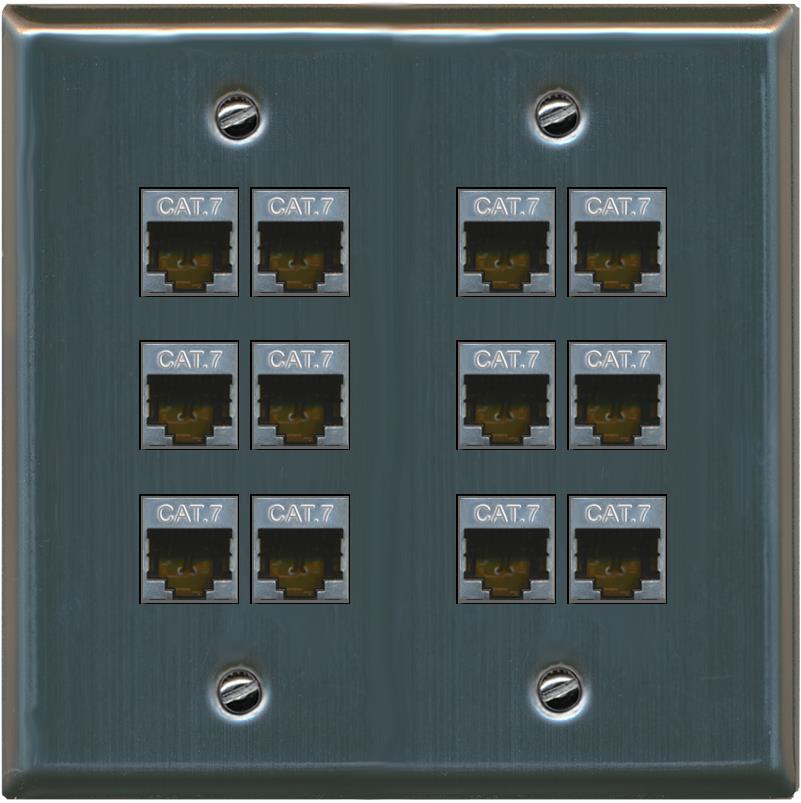 RiteAV Cat7 Wall Plate 12 Port - Flat 2 Gang [Stainless Steel]