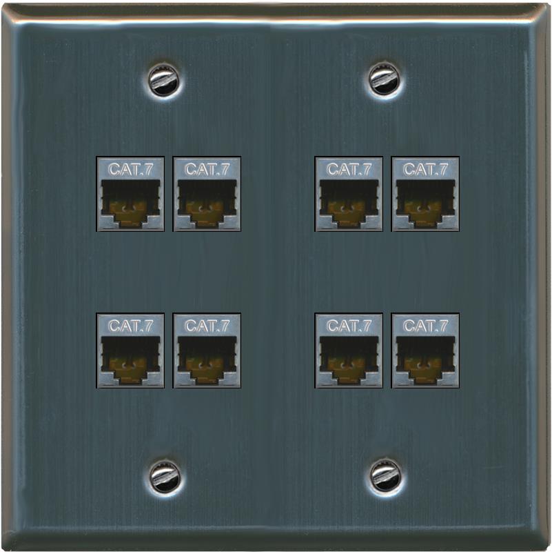 RiteAV Cat7 Wall Plate 8 Port - Flat 2 Gang [Stainless Steel]