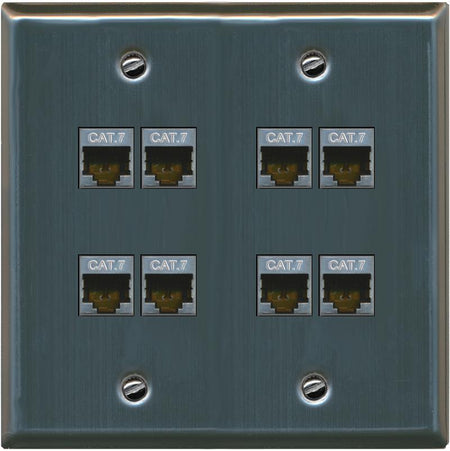 RiteAV Cat7 Wall Plate 8 Port - Flat 2 Gang [Stainless Steel]