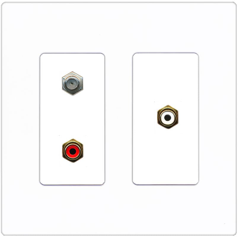 RiteAV 1 Port Coax Cable TV Wall Plate with 2 x RCA (Red+White) Jacks - 2 Gang [Screwless White]