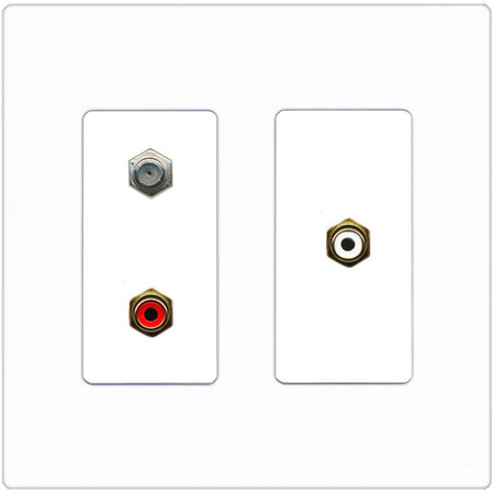 RiteAV 1 Port Coax Cable TV Wall Plate with 2 x RCA (Red+White) Jacks - 2 Gang [Screwless White]