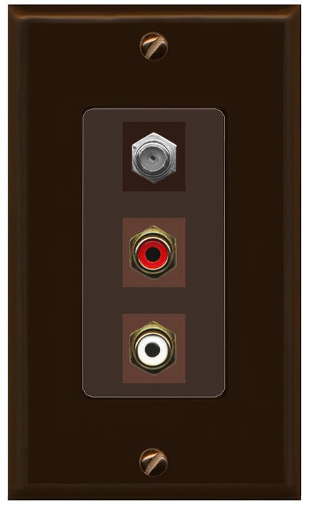RiteAV 1 Port Coax Cable TV Wall Plate with 2 x RCA (Red+White) Jacks - 1 Gang [Brown/Brown]