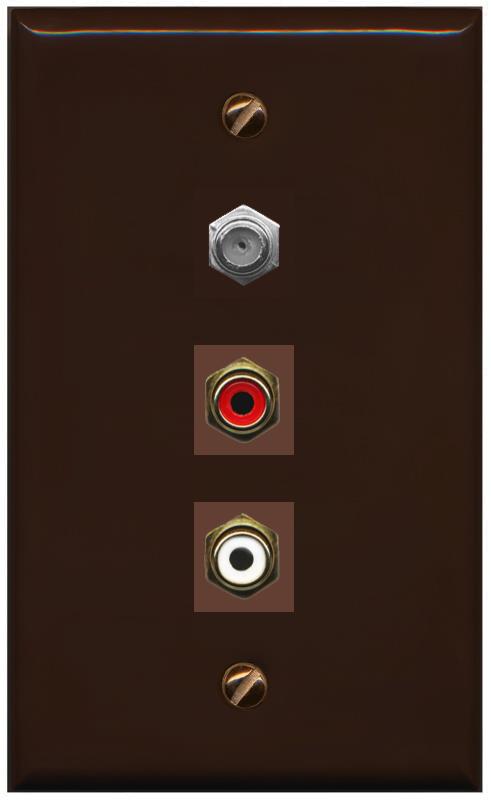RiteAV 1 Port Coax Cable TV Wall Plate with 2 x RCA (Red+White) Jacks - Flat [Brown/Brown]