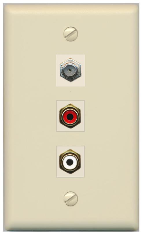 RiteAV 1 Port Coax Cable TV Wall Plate with 2 x RCA (Red+White) Jacks - Flat [Ivory/Ivory]