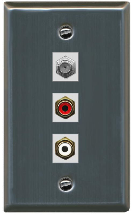RiteAV 1 Port Coax Cable TV Wall Plate with 2 x RCA (Red+White) Jacks - Flat [Stainless Steel]