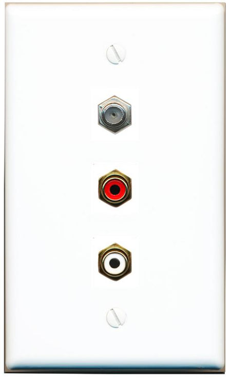 RiteAV 1 Port Coax Cable TV Wall Plate with 2 x RCA (Red+White) Jacks - Flat [White]