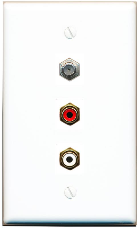RiteAV 1 Port Coax Cable TV Wall Plate with 2 x RCA (Red+White) Jacks - Flat [White]