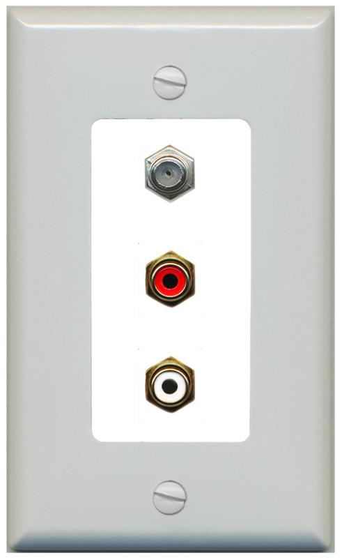 RiteAV 1 Port Coax Cable TV Wall Plate with 2 x RCA (Red+White) Jacks - 1 Gang [Gray/White]