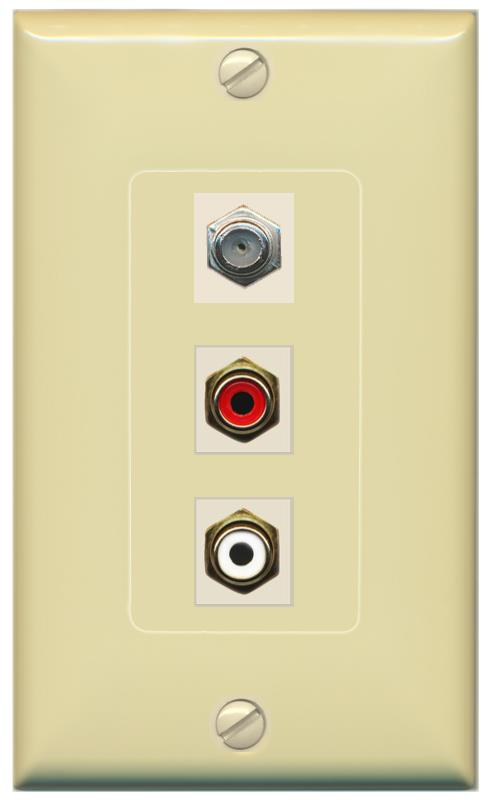 RiteAV 1 Port Coax Cable TV Wall Plate with 2 x RCA (Red+White) Jacks - 1 Gang [Ivory/Ivory]