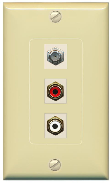 RiteAV 1 Port Coax Cable TV Wall Plate with 2 x RCA (Red+White) Jacks - 1 Gang [Ivory/Ivory]