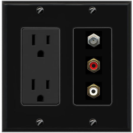RiteAV 1 Port Coax Cable TV Wall Plate with 2 x RCA (Red+White) Jacks - Outlet [Black/Black]