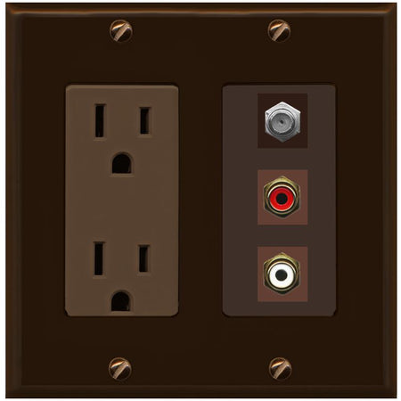 RiteAV 1 Port Coax Cable TV Wall Plate with 2 x RCA (Red+White) Jacks - Outlet [Brown/Brown]