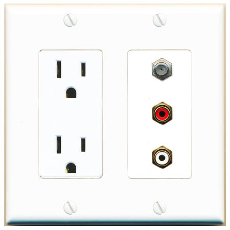 RiteAV 1 Port Coax Cable TV Wall Plate with 2 x RCA (Red+White) Jacks - Outlet [White]