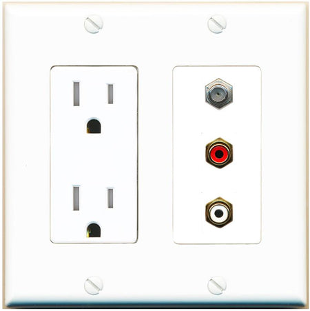 RiteAV 1 Port Coax Cable TV Wall Plate with 2 x RCA (Red+White) Jacks - Tamper-Res [White]