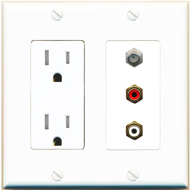 RiteAV 1 Port Coax Cable TV Wall Plate with 2 x RCA (Red+White) Jacks - Tamper-Res [White]