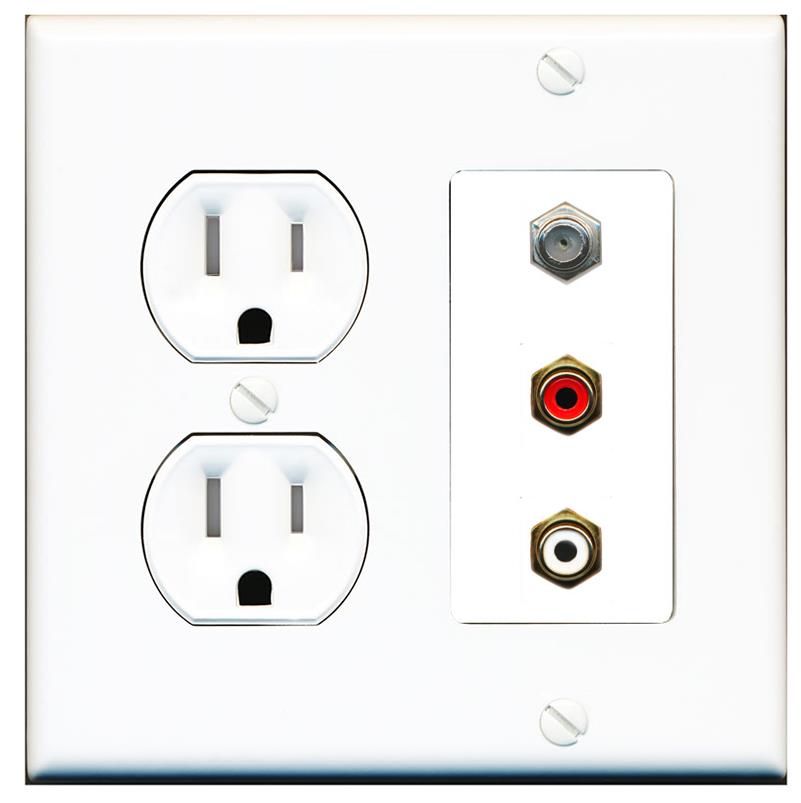 RiteAV 1 Port Coax Cable TV Wall Plate with 2 x RCA (Red+White) Jacks - Tamper Proof [White]