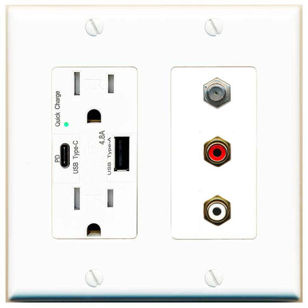 RiteAV 1 Port Coax Cable TV Wall Plate with 2 x RCA (Red+White) Jacks - USB AC Charger [White]